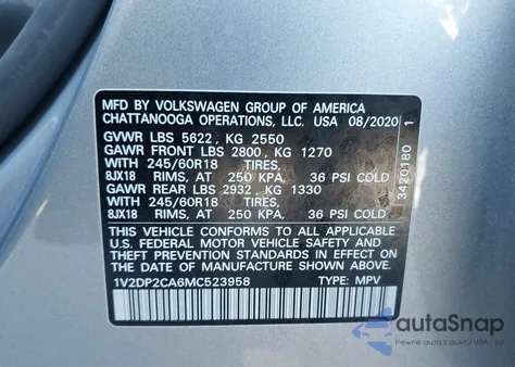 2021 Volkswagen Atlas 2.0T Se z USA, uszkodzony, nr VIN 1V2DP2CA6MC523958